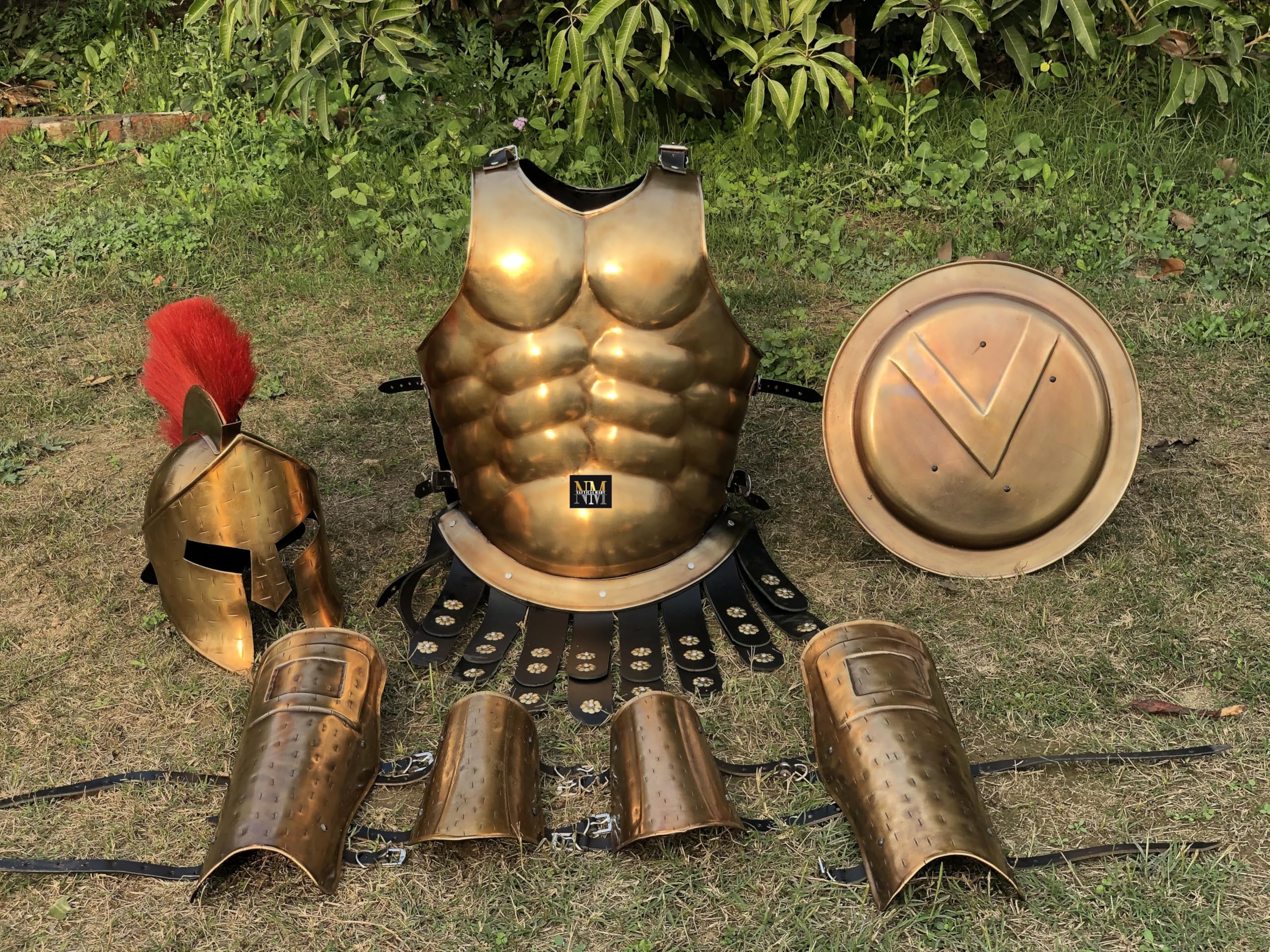Medieval Roman Muscle Armor King Leonidas 300 Greek Spartan Helmet and Arm or Leg Guard with Shield - Brass Antique