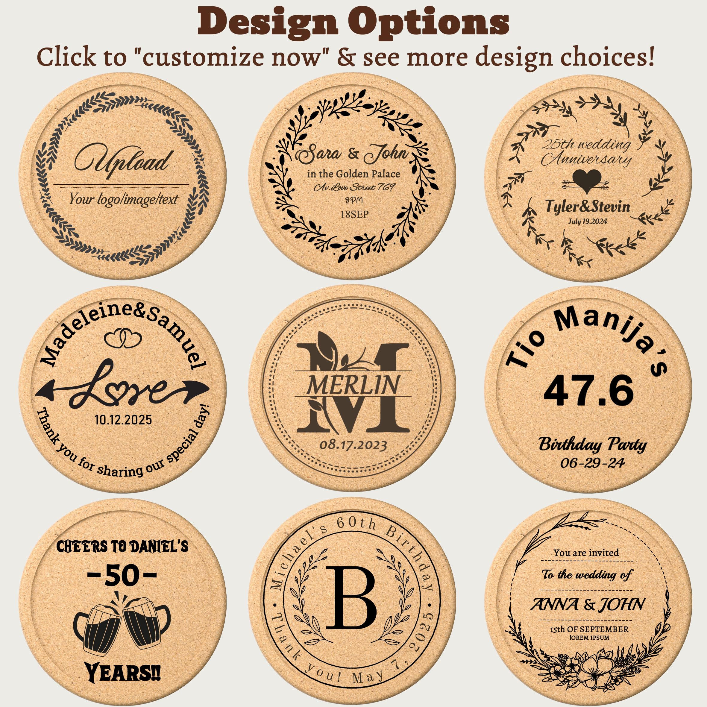 Lot de 30 à 100 sous-verres en liège personnalisés pour boisson, dessous de verre personnalisés avec lèvre, logo gravé au laser, antidérapants, résistants à la chaleur, absorbants, cadeau