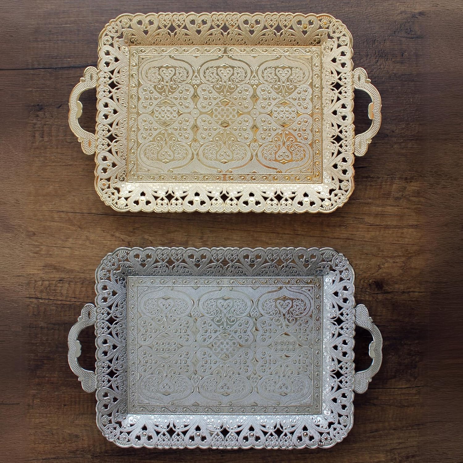 Turkish Vintage Style Entertaining Tray - |15.4” x 10.2”Multi-Purpose, Non-Tarnishing, Zamak Alloy, Decorative Ottoman Style - Rectangular Serving Tray for Coffee & Beverages (Silver)