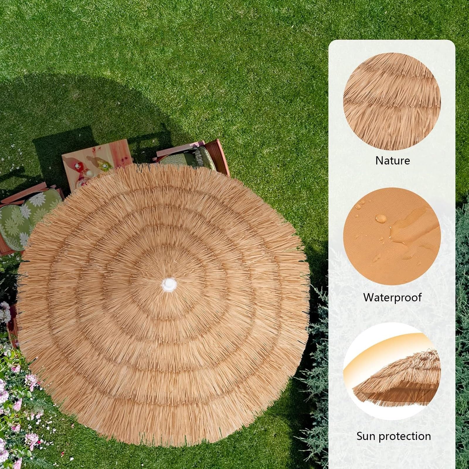 Ombrellone da spiaggia Tiki in paglia, pieghevole e portatile con 8 robuste stecche, ideale per esterni, tavoli, mercati, patio, giardini e cortili.