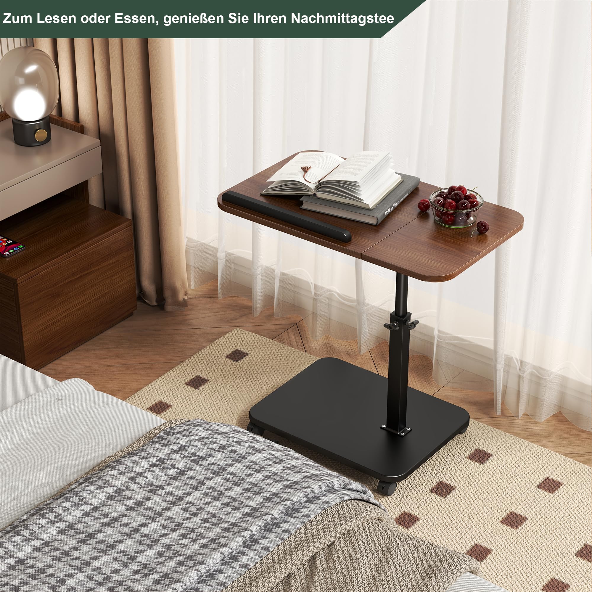 Mesa auxiliar con ruedas regulable en altura, mesa auxiliar de madera en forma de C, rotación de 360°, soporte superior inclinable para ordenador portátil, mesa de TV para sofá, cama, pequeña