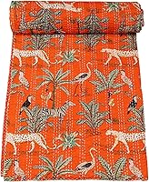 Vista 5 de Marubhumi Edredón tradicional indio de algodón puro con estampado de selva Kantha, colcha Kantha con estampado de animales, multicolor