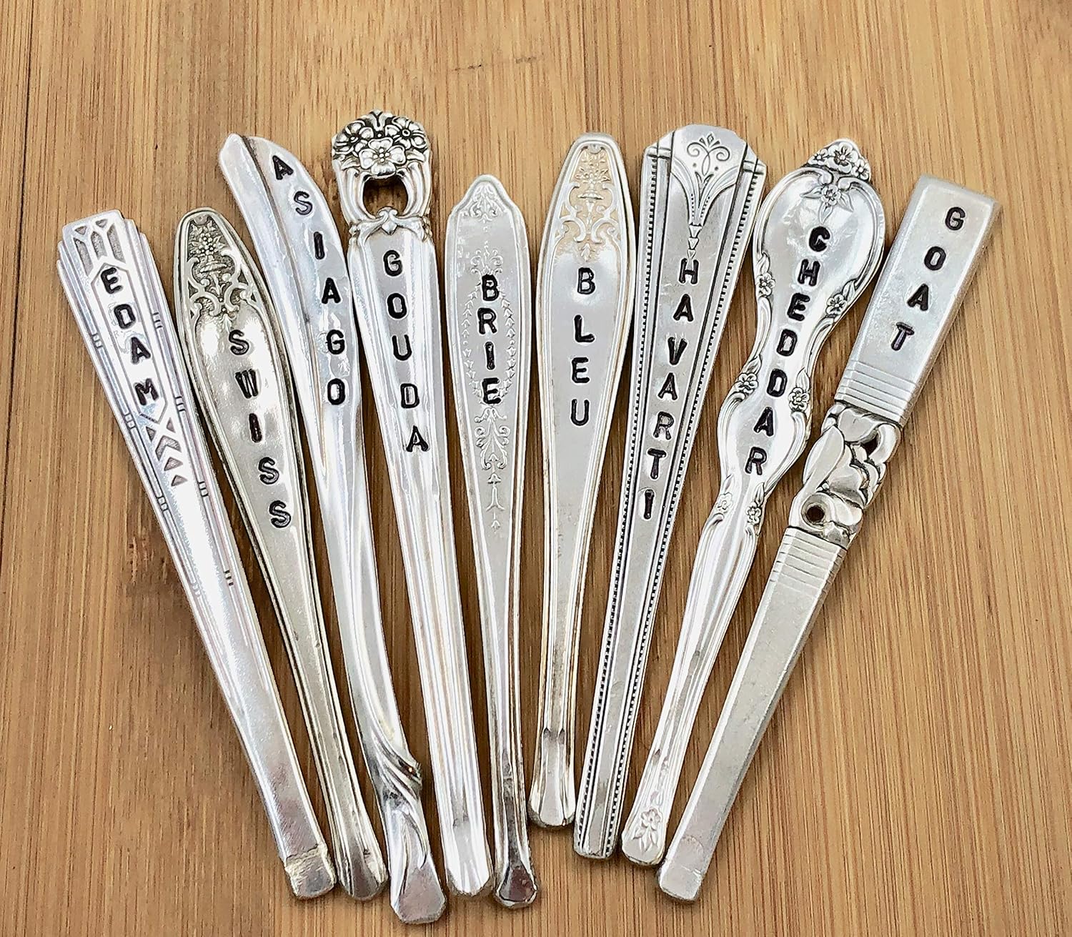 Handcrafted Vintage Silver Spoon Cheese Markers, Set of 9, Artisanal Cheese Board Labels, Luxury Table Decor, Perfect for Wine Pairings and Dinner Parties, Unique Gift for Chefs and Hosts