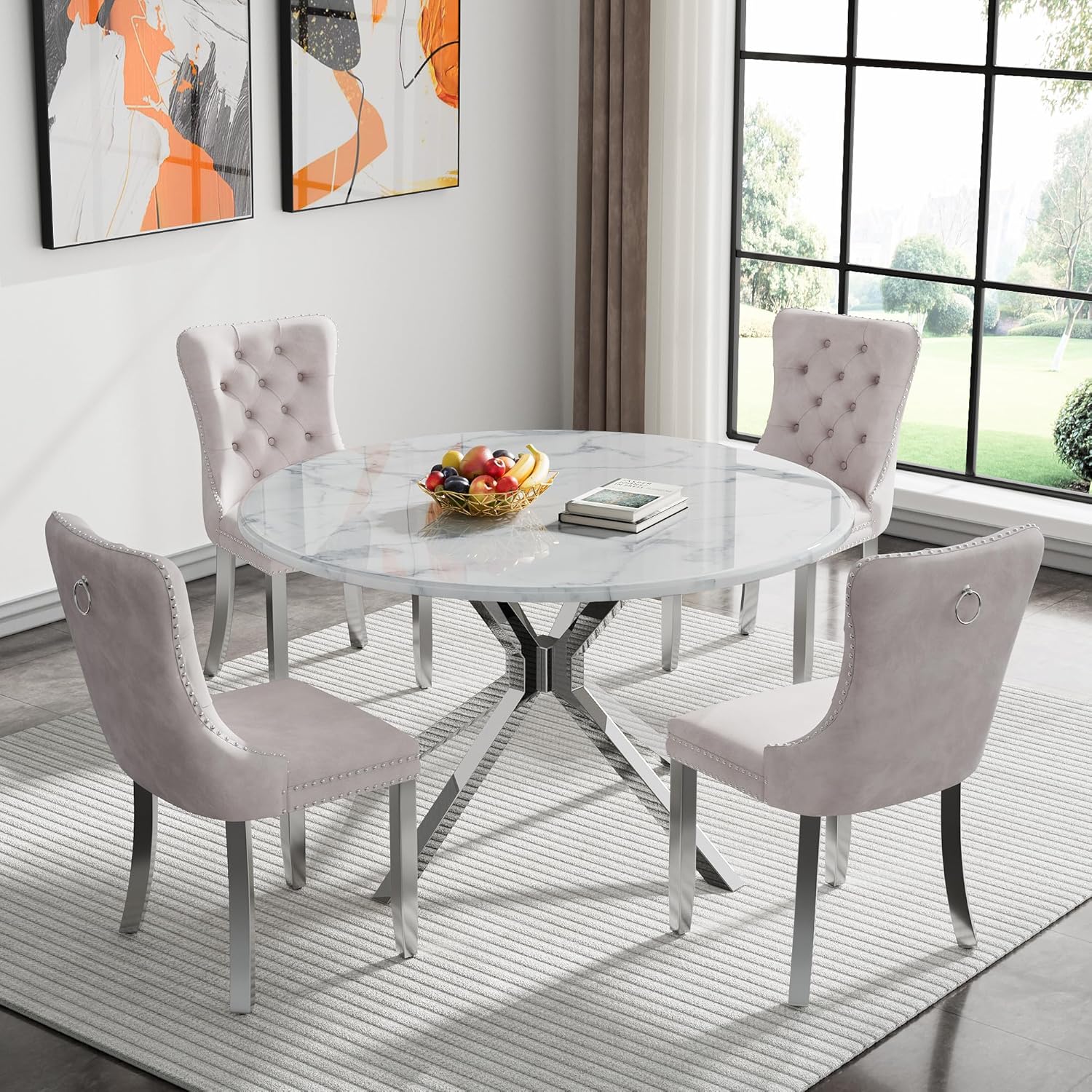 47" Round Dining Table Set for 4 Modern Faux Marble