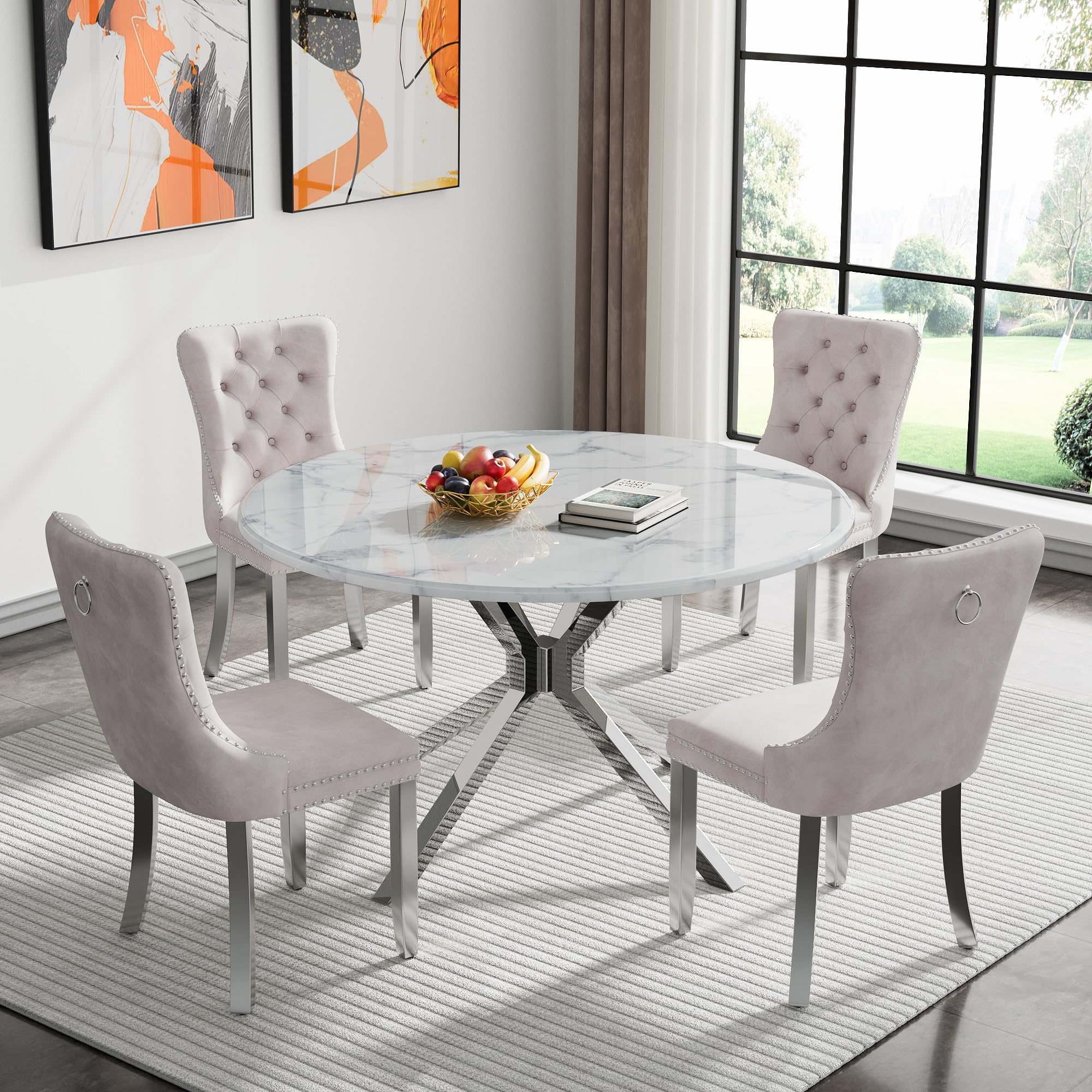 5-Piece Round Dining Table Set for 4, Modern Faux Marble Kitchen Table and Beige Velvet Chairs Set of 4, Luxury 45" Circle White Silver Dining Room Tables with Stainless Steel Cross Legs