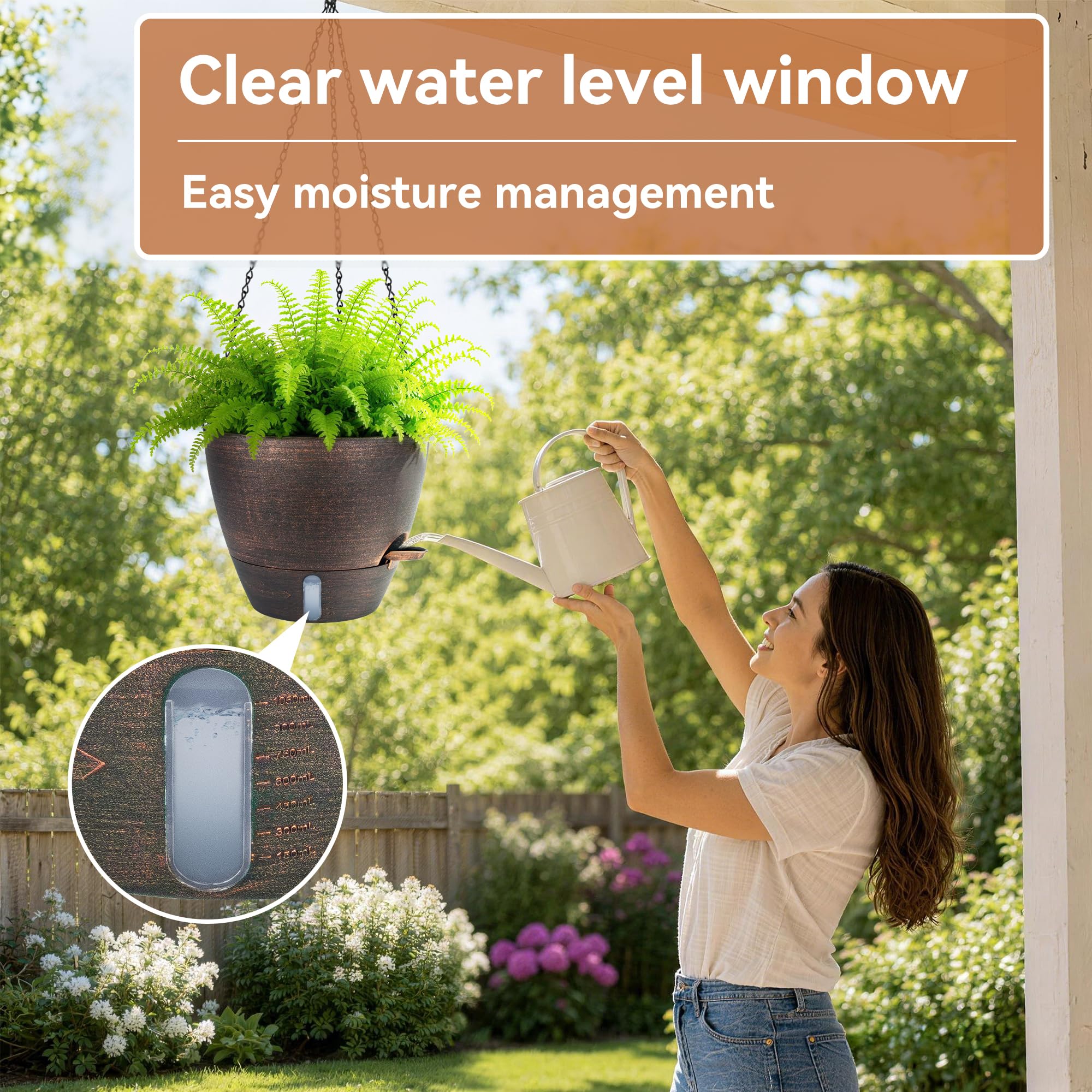 ZMTECH Lot de 2 pots de fleurs à suspendre en plastique avec entrée d'eau auto-irrigation et soucoupe pour intérieur et extérieur Bronze 25 cm