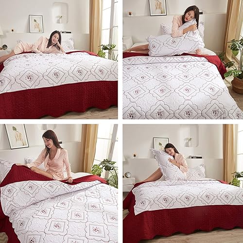 Miniatura 2 de Colcha bordada de 3 piezas tamaño Queen colcha floral suave y transpirable funda de cama blanca burdeos ropa de cama bordada de Navidad decoración