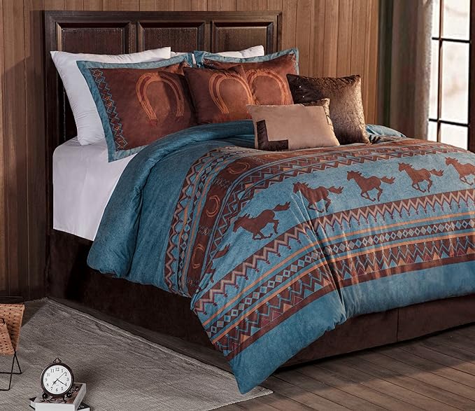 Chezmoi Collection Sedona 7-Piece Southwestern Wild Horses Microsuede Bedding Comforter Set, King, Turquoise Blue