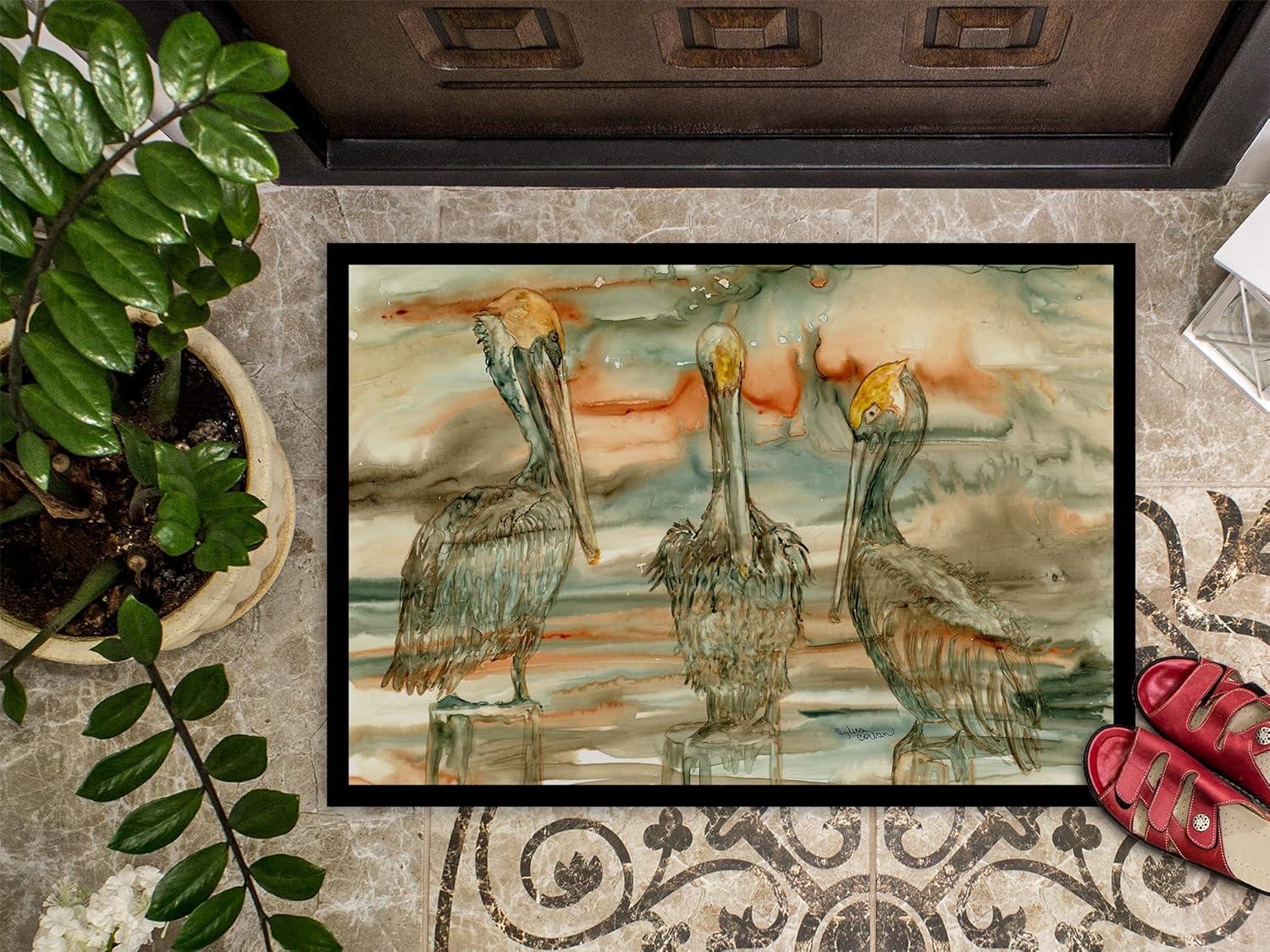 Caroline's Treasures 8980MAT Pelicans on Their Perch Abstract Doormat 18x27 Front Door Mat Indoor Outdoor Rugs for Entryway, Non Slip Washable Low Pile, 18H X 27W