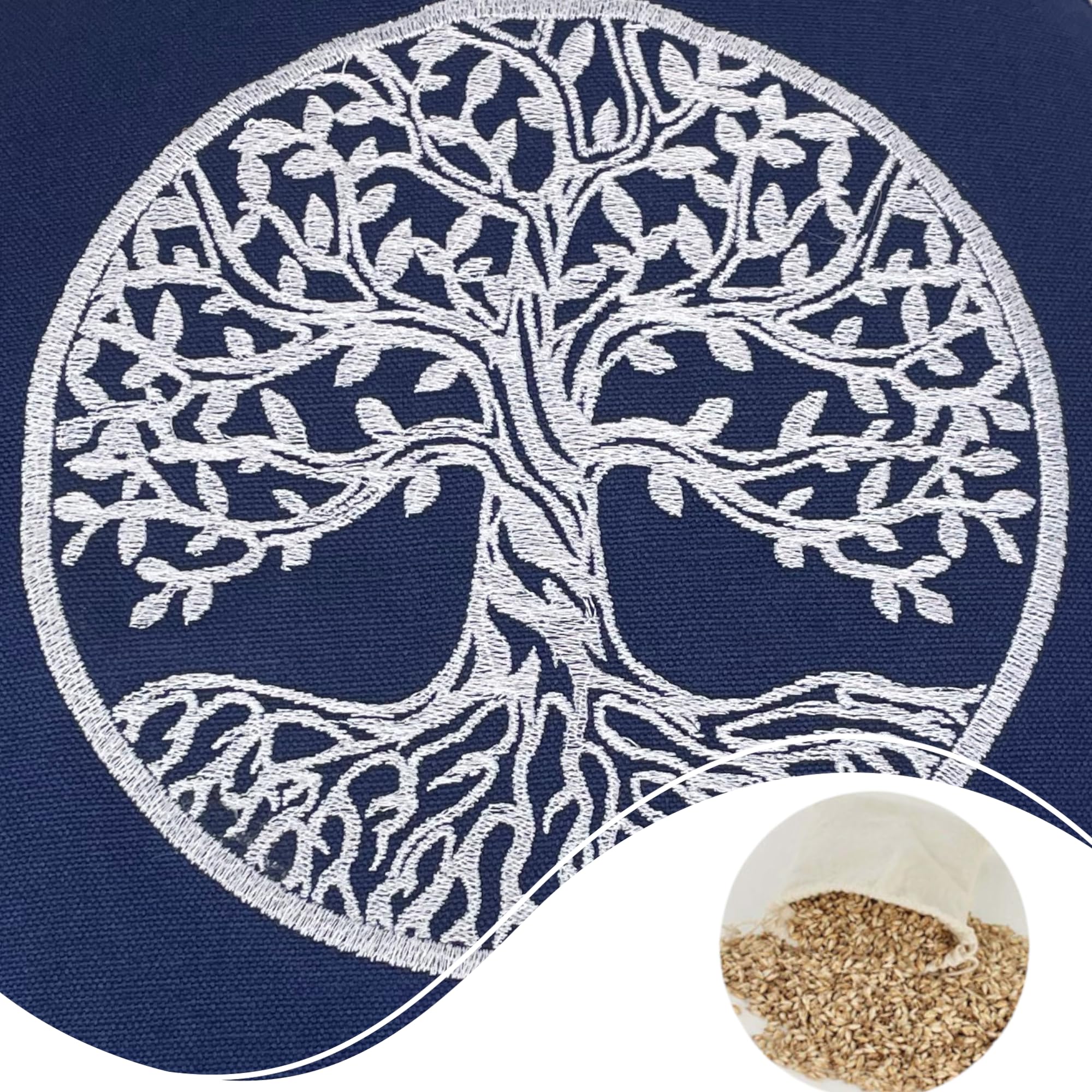 Cuscino Meditazione Yoga - Ricamo Albero Della Vita - Riempito Con Farro - 33x15cm - Cotone 100% - Foto 9