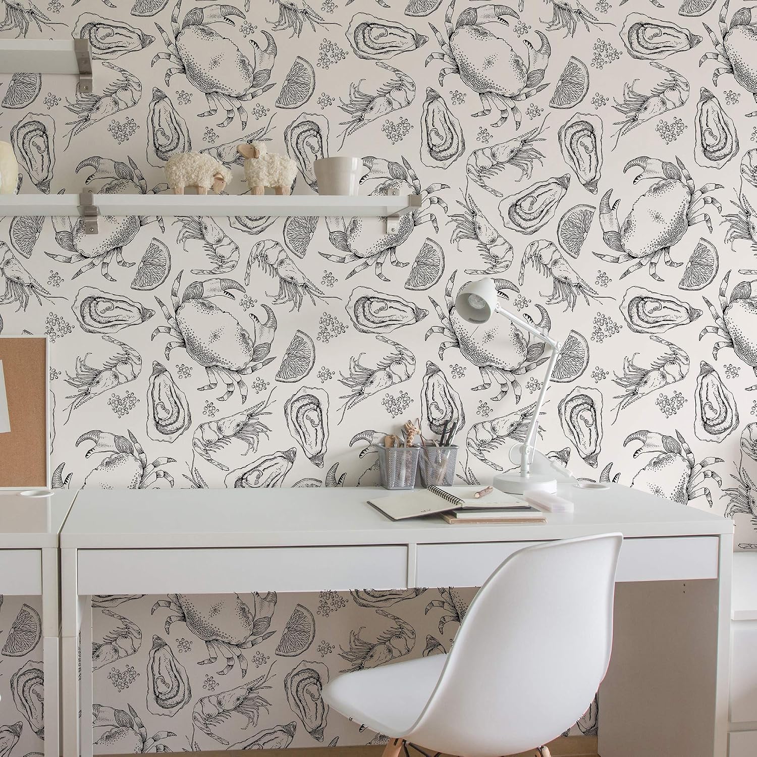 Walls By Me Peel and Stick Black and White Fish Nautical Removable Wallpaper 7712-2ft x 4ft (61x122cm)