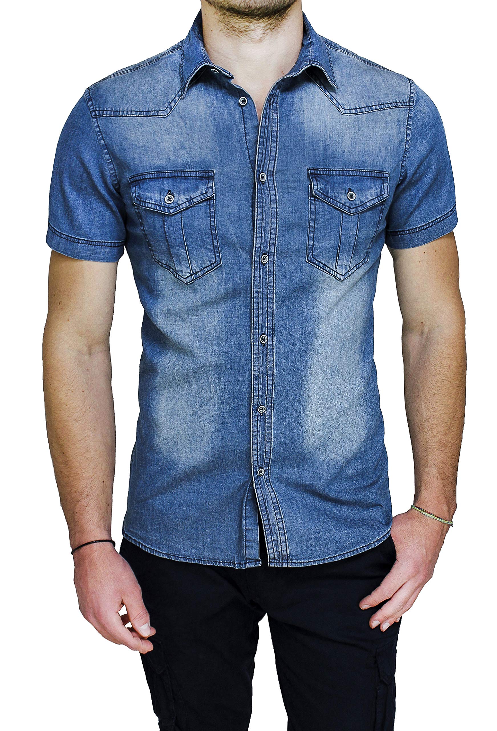 Camicia di Jeans Uomo Denim a Maniche Corte Casual Slim Fit Estiva