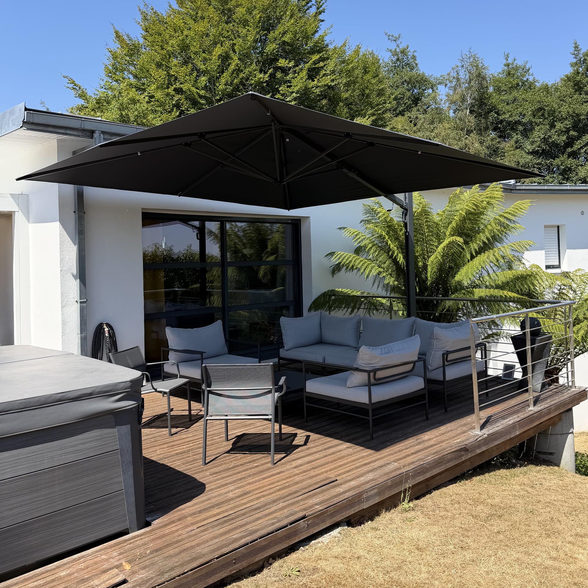 PURPLE LEAF Grand Parasol Déporté 3,65 x 3,65 m Aluminium Robuste, Gris | Mât renforcé Ø11 cm, Montage facile, Rotation 360°, Inclinaison 5 positions, Toile durable, Toile amovible et lavable