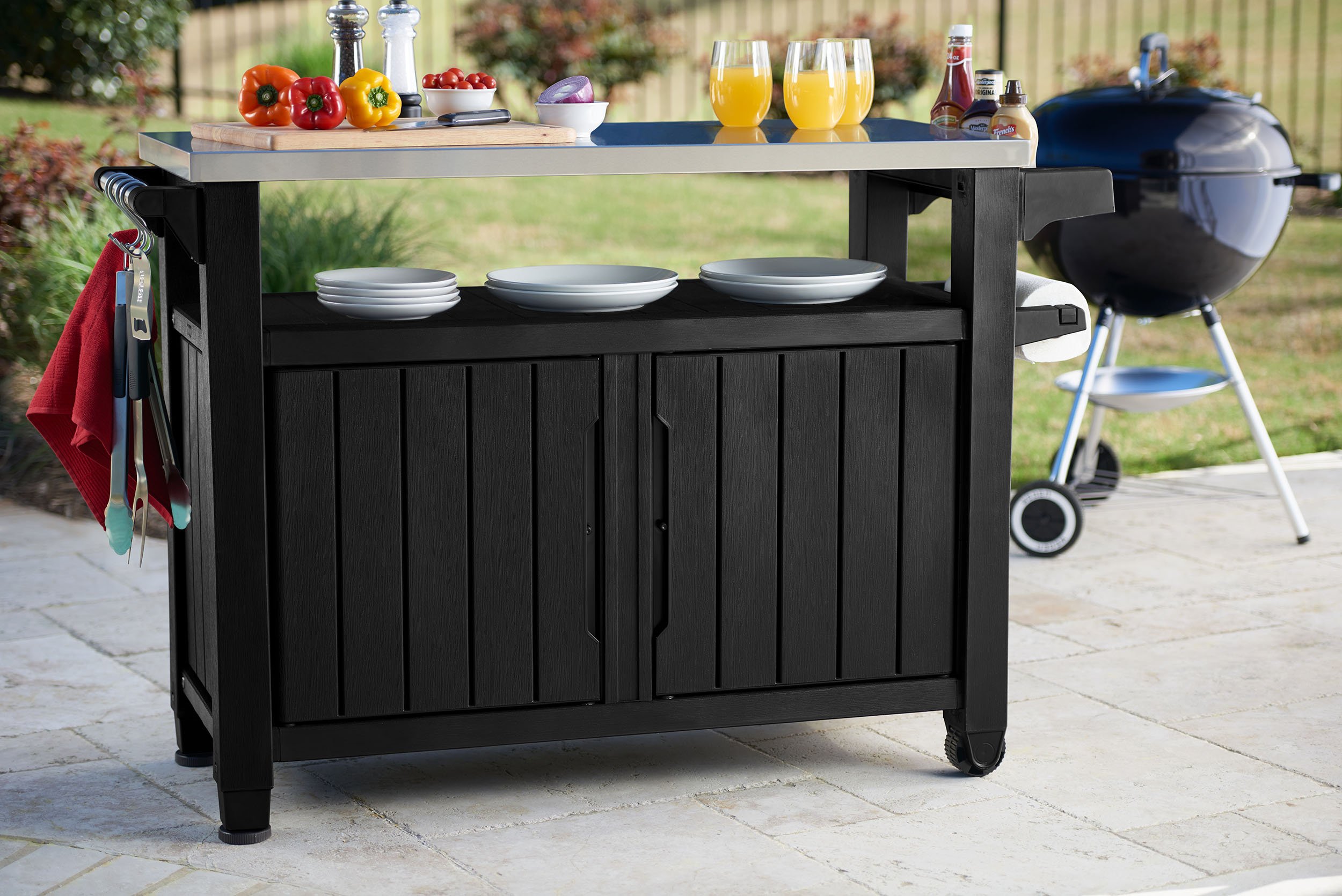 Koll Living Grilltisch/Beistelltisch XXL - Edelstahlplatte - Witterungsbeständig - Holzoptik - Modell 2024 - Nur bei Uns !