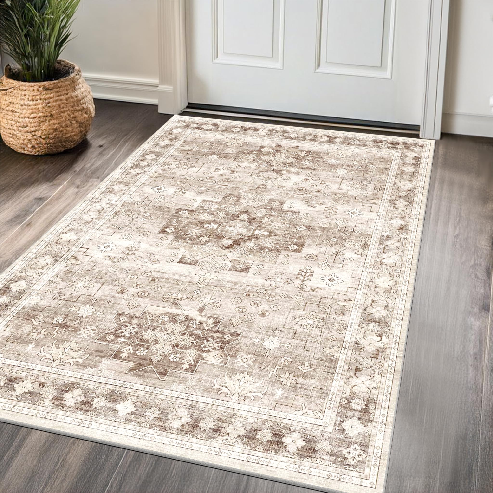 Washable Neutral Farmhouse Large Entryway Rug, 3x4 Area Rugs for Kitchen, Bedroom, Nursery Room, Boho Vintage Floral Non-Slip Throw Rug Low Pile Stain