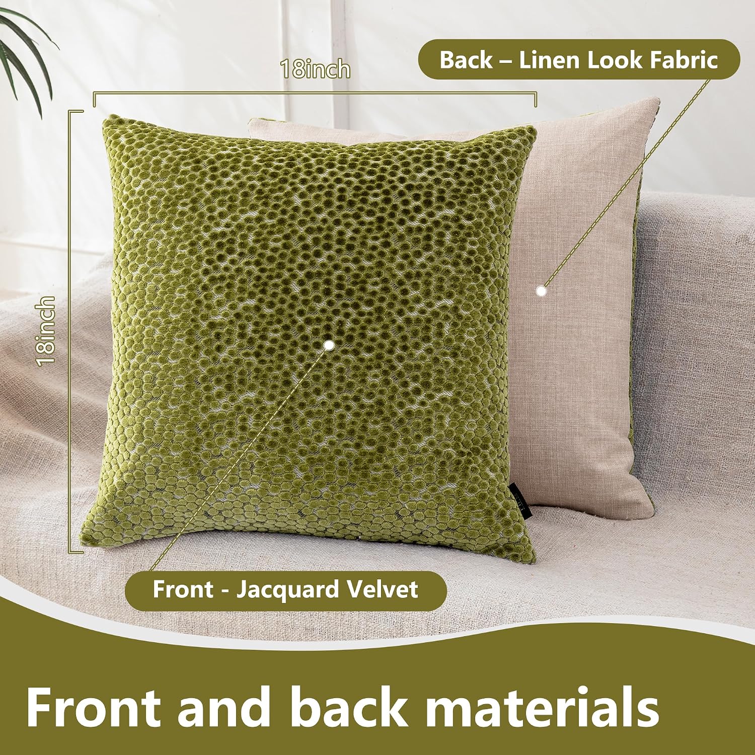 FIFU Couch Throw Pillow Covers 18x18 Inch Set of 2 - Jacquard Velvet Front & Neutral Textured Back, Decorative Cushion Covers with Invisible Zipper for Living Room, Bedroom & Home Sofa, Olive Green