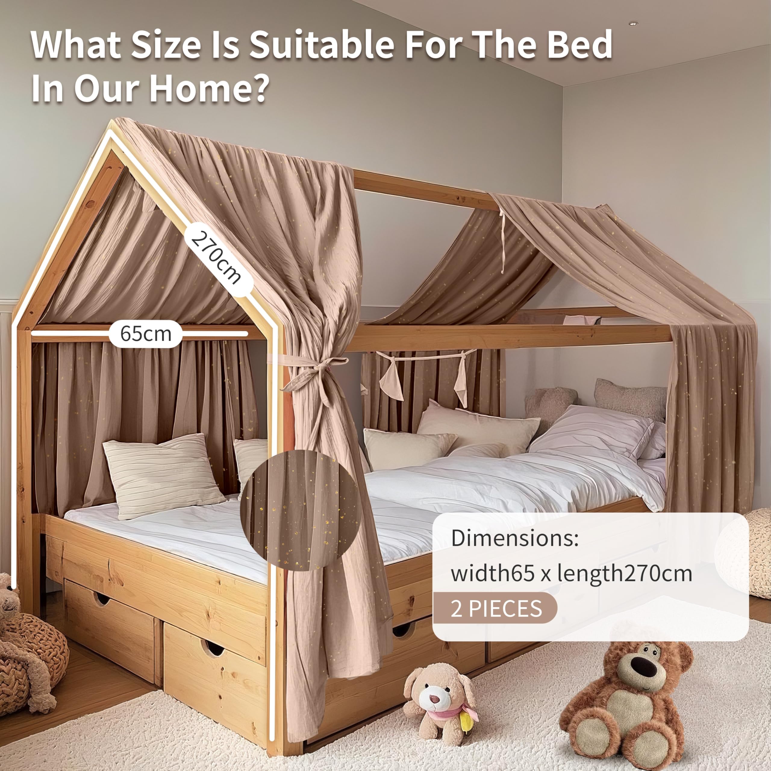 Hausbett Himmel mit Gold Applikation 2 Stück, handgefertigt aus 100% Baumwoll-Musselin, Stoffhimmel zur Hausbettdekoration, für Mädchen und Jungen (Dunkelbeige, 2er Set 65 x 270 cm)
