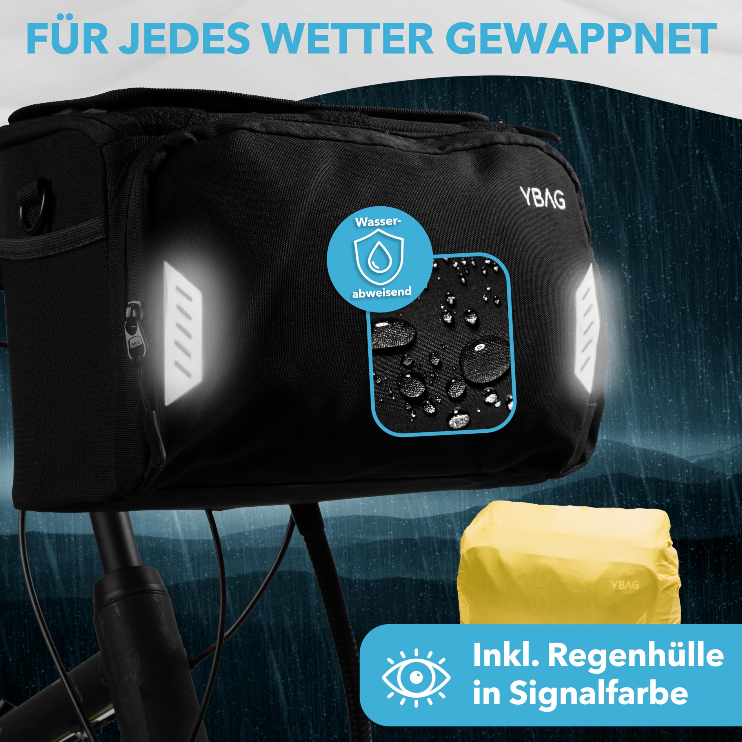 YBAG - Nachhaltige Fahrrad Lenkertasche kompatibel mit KLICKfix (E-Bike geeignet) - großes Volumen & viele Fächer - wasserdicht mit Regenhülle