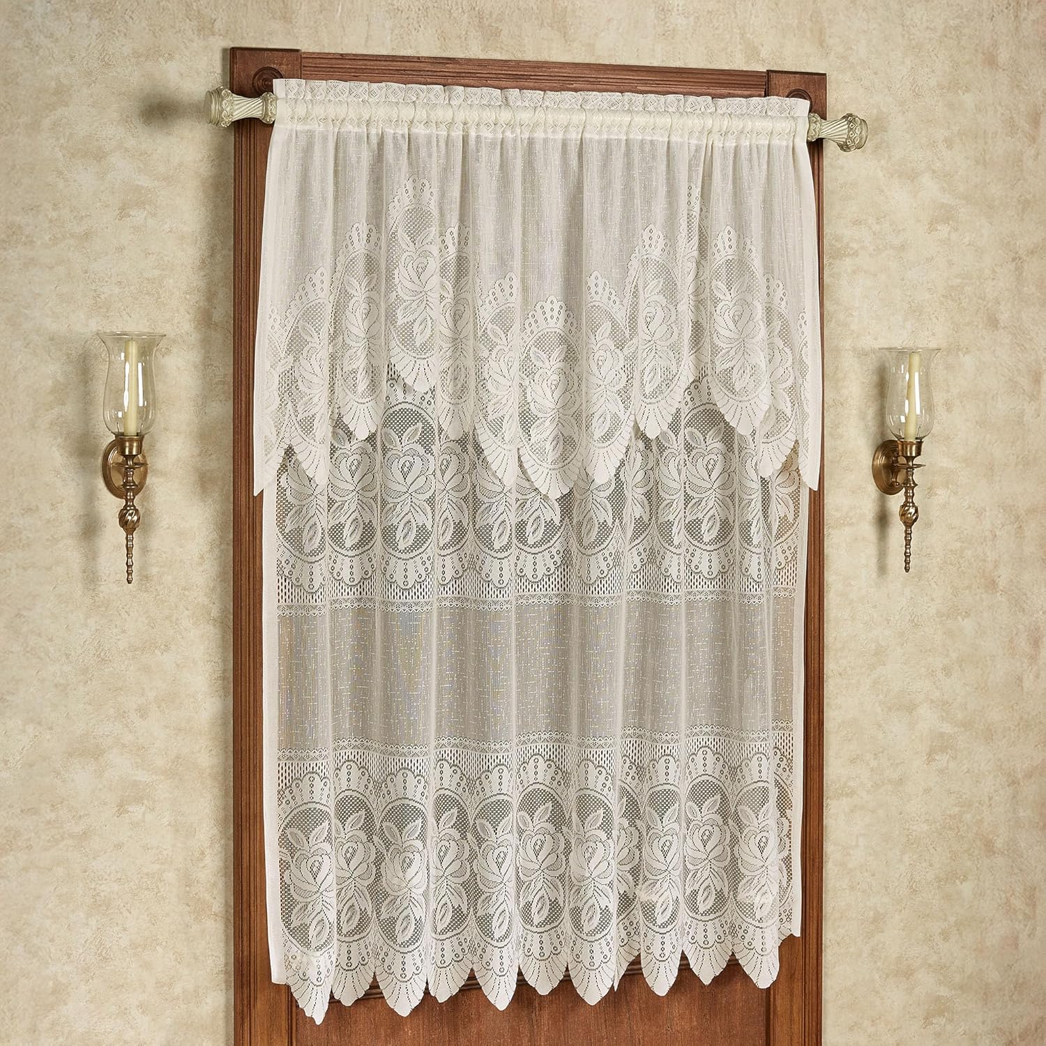 Adelina Floral Lace Window Treatment | Vintage Antique Gold | Garden Cottage Rose Cameo Designs with Scalloped Edges | Rod Pocket Drapery | Easy-Style 84L All-In-One Panel with Attached 28L Valance