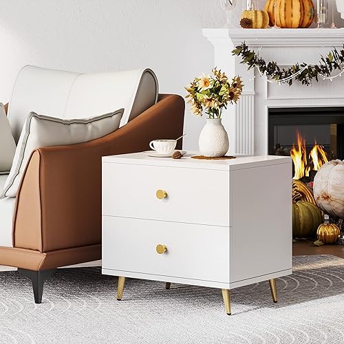 HERNEST Mesita de noche con 2 cajones, moderna mesita de noche, armario de almacenamiento, patas de metal dorado, mesa auxiliar para dormitorio,
