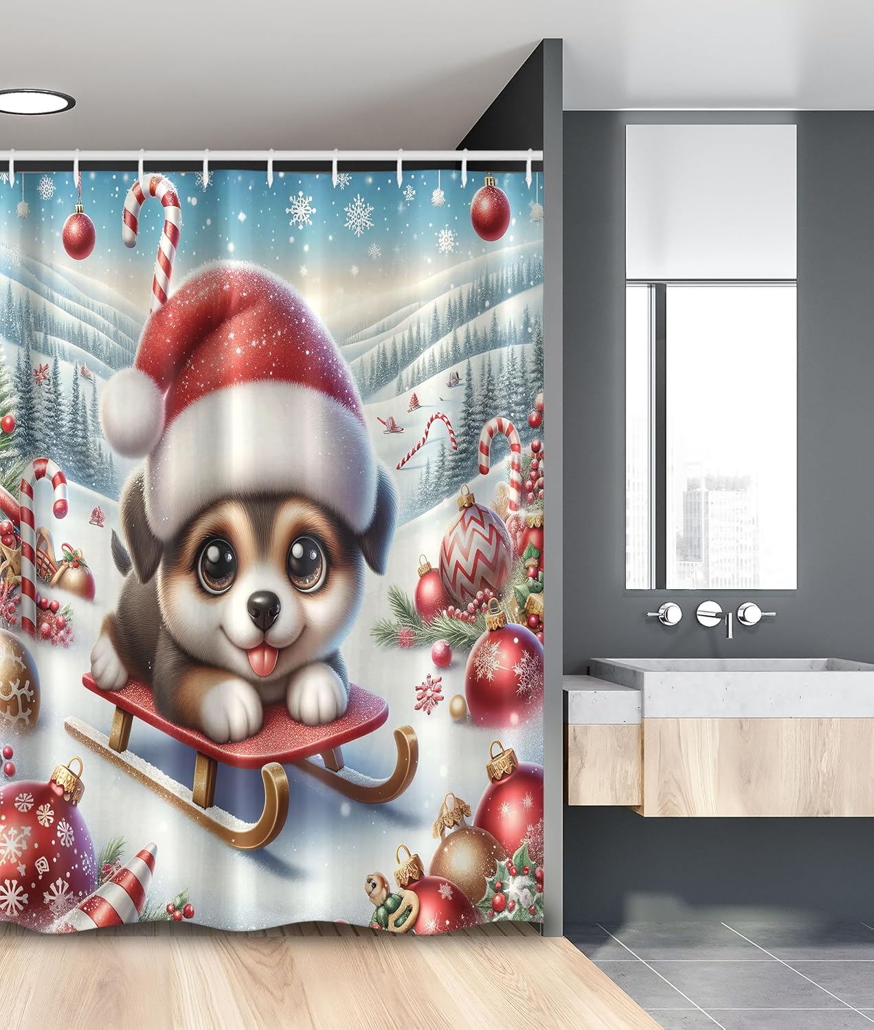 Ambesonne Christmas Stall Shower Curtain, Dog with Santa Hat and Big Innocent Eyes Holiday Joy Snowy Mountains, Fabric Bathroom Decor Set with Hooks, 54" W x 78" L, Dark Pink Blue Brown