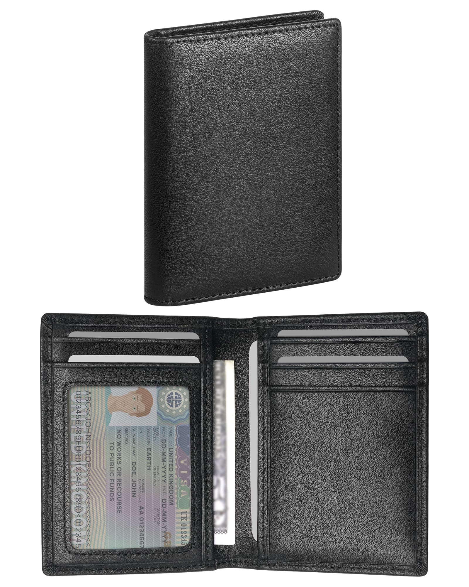 SIGFYERVertical Bifold Slim Mens Wallet, Genuine Leather RFID Blocking Wallet for Men Small Thin, Fits 6-8 Credit Cards, Several Cash (Fold Once), Black, Minimalist
