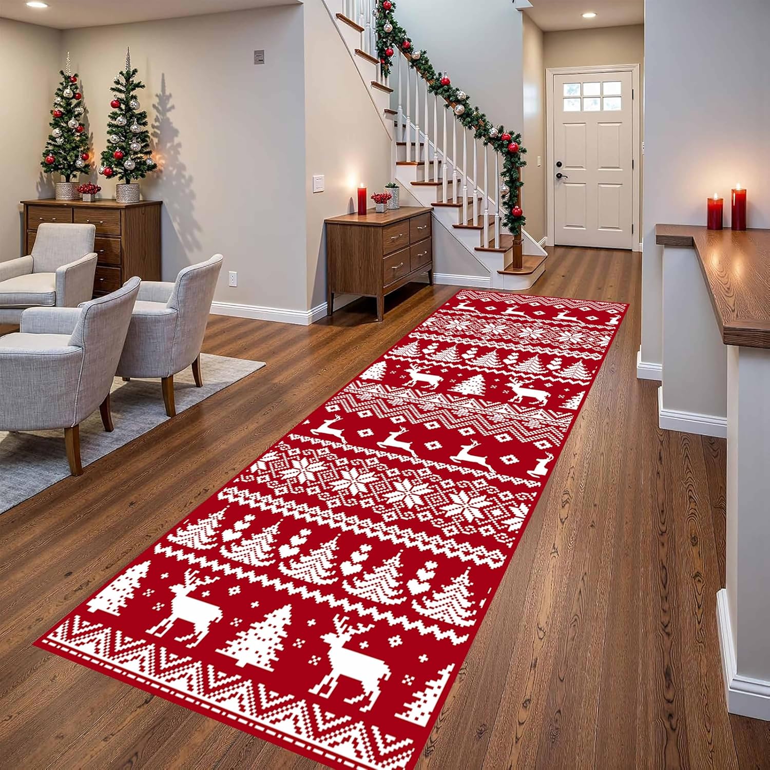 Boho Red Christmas Runner Rug, 2x7ft, Vintage Winter Home Decor Reindeer Snowflake Xmas Tree Area Rug, Cozy Durable Moroccan Red Indoor Carpet for Kitchen Entryway Farmhouse