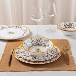 LEHAHA Honeycomb Bee Doucement 12-Piece Ensemble de vaisselle à la mélamine, Ensemble de plats à la melamine 4, Assiette de dîner florale de jardin légère et incassable, assiettes latérales et bols polyvalents