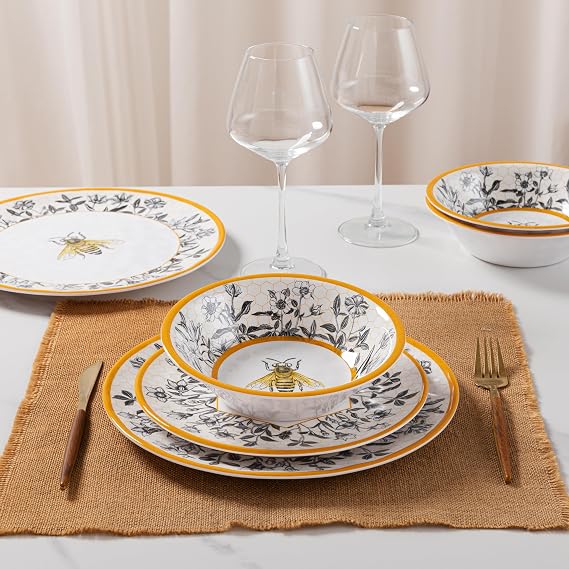 LEHAHA Honeycomb Bee Sweet 12-Piece Melamine Dinnerware Set,Melamine Dishes Set of 4, Lightweight and Unbreakable Garden Floral Dinner Plates and Side plates and All-purpose Bowls Set