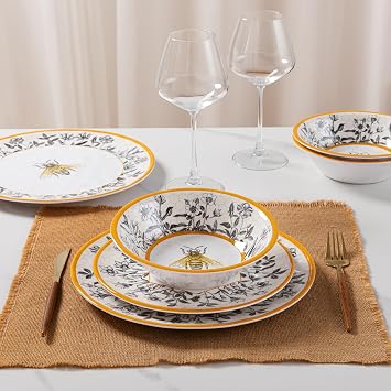 LEHAHA Honeycomb Bee Sweet 12-Piece Melamine Dinnerware Set,Melamine Dishes Set of 4, Lightweight and Unbreakable Garden Floral Dinner Plates and Side plates and All-purpose Bowls Set