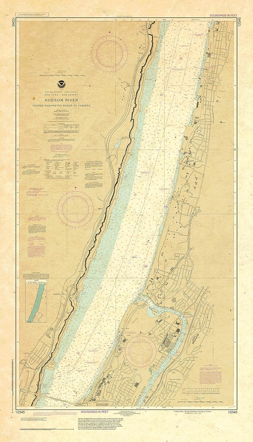 Paradise Cay Publications Antiqued NOAA Chart 12345: Hudson River George Washington Bridge to Yonkers
