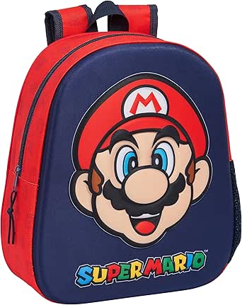 SUPER MARIO  Mochila Escolar, con Diseño 3D, Adaptable a Carro, Ideal para Niños de Diferentes Edades, Cómoda y Versátil, Calidad y Resistencia, 27x10x33 cm, Color Azul Marino/Rojo
