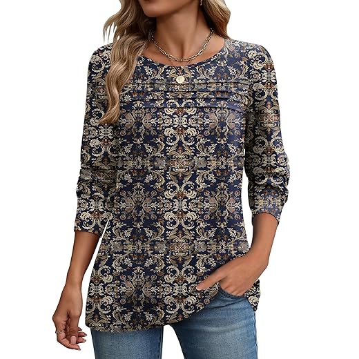 Zeagoo Long Sleeve Shirts for Women Casual Fall Fashion Crewneck Pleated Tunic Tops Work Outfit Blouse