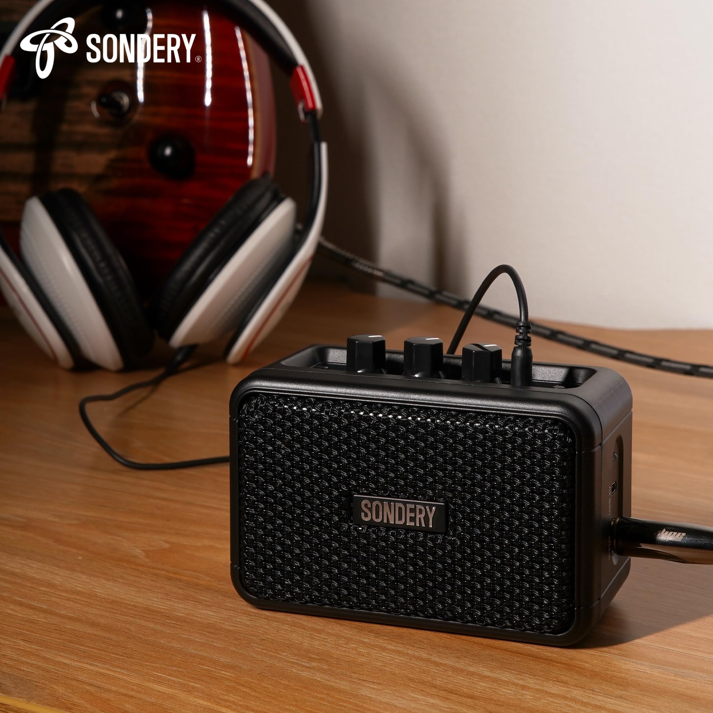 Sondery Mini amplificador de guitarra portátil, amplificador eléctrico pequeño recargable de 5 W | Con efectos de sobremarcha/limpieza y Bluetooth, dos altavoces, para practicar y viajar, color negro