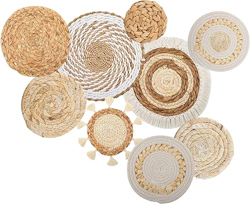 Paquete de 9 cestas de pared bohemias, decoración de pared tejida para colgar en