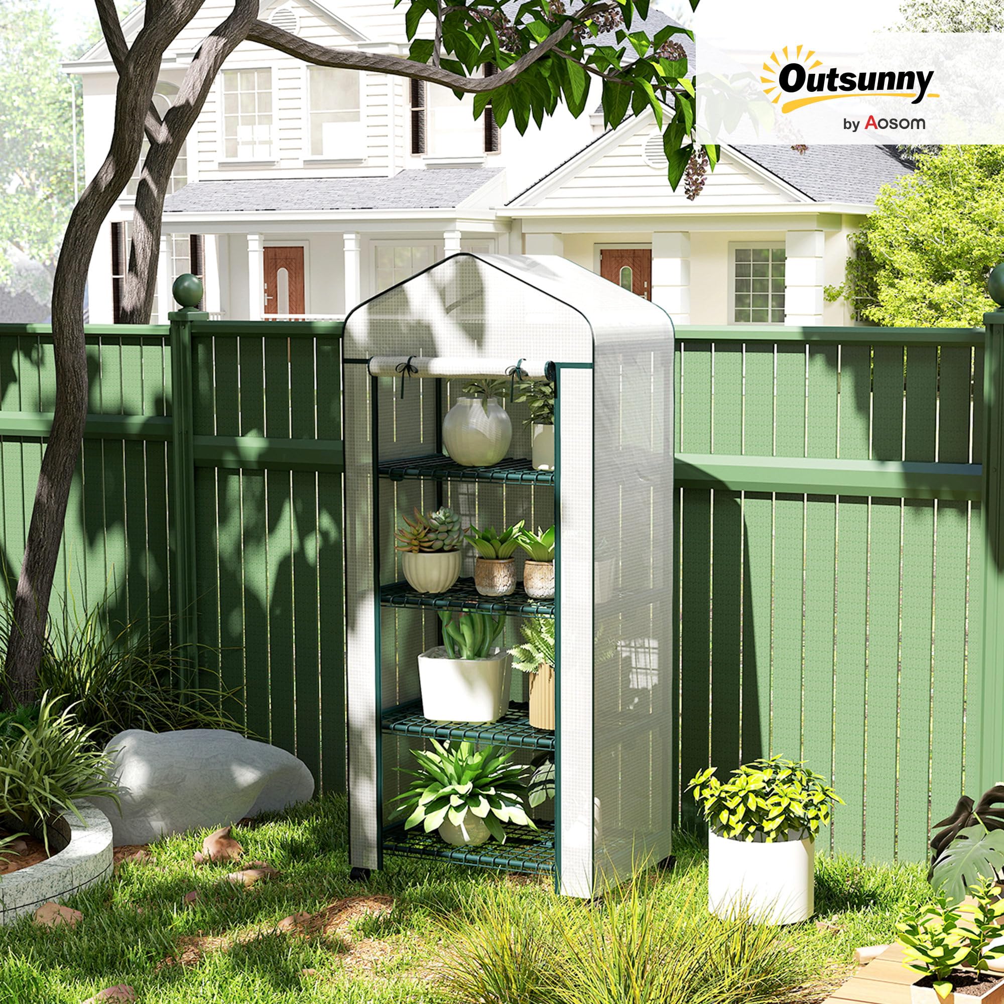 Serra Outsunny con rotolo, ripiani, serra in film d'acciaio resistente all'inverno, serra per balcone, giardino, casa per pomodori 69 x 50 x 165 cm, serra per pomodori, fiori, piante, bianco