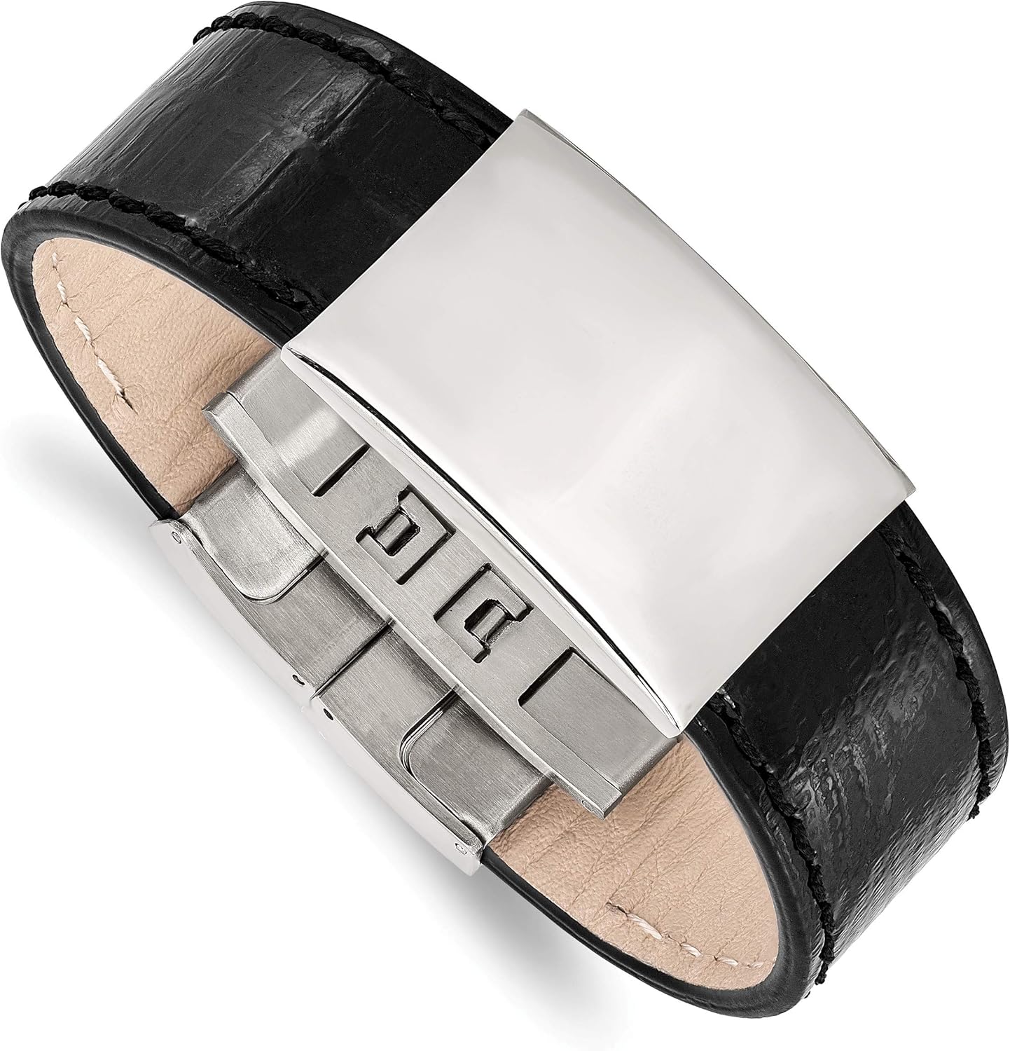 Men's Black Leather Stainless Steel Buckle-Clasp ID Bracelet, 8.5 Inches