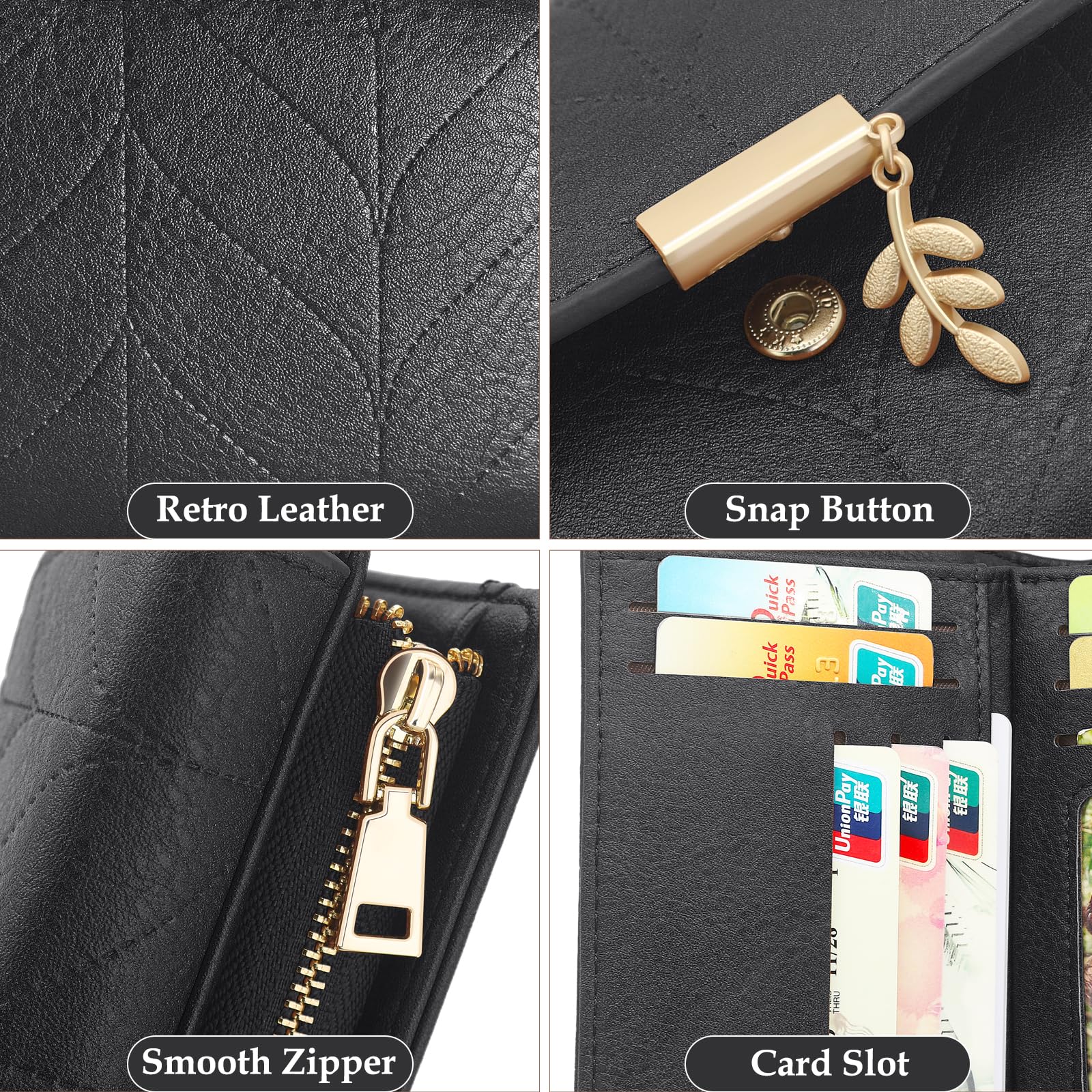 REETEE Porte Monnaie Femme en Cuir PU Rétro Petit Portefeuille Femme Blocage RFID Porte Feuille pour Femme, Portefeuilles avec 16 Emplacements Cartes et Fermeture éclair Poche à Monna (Noir)