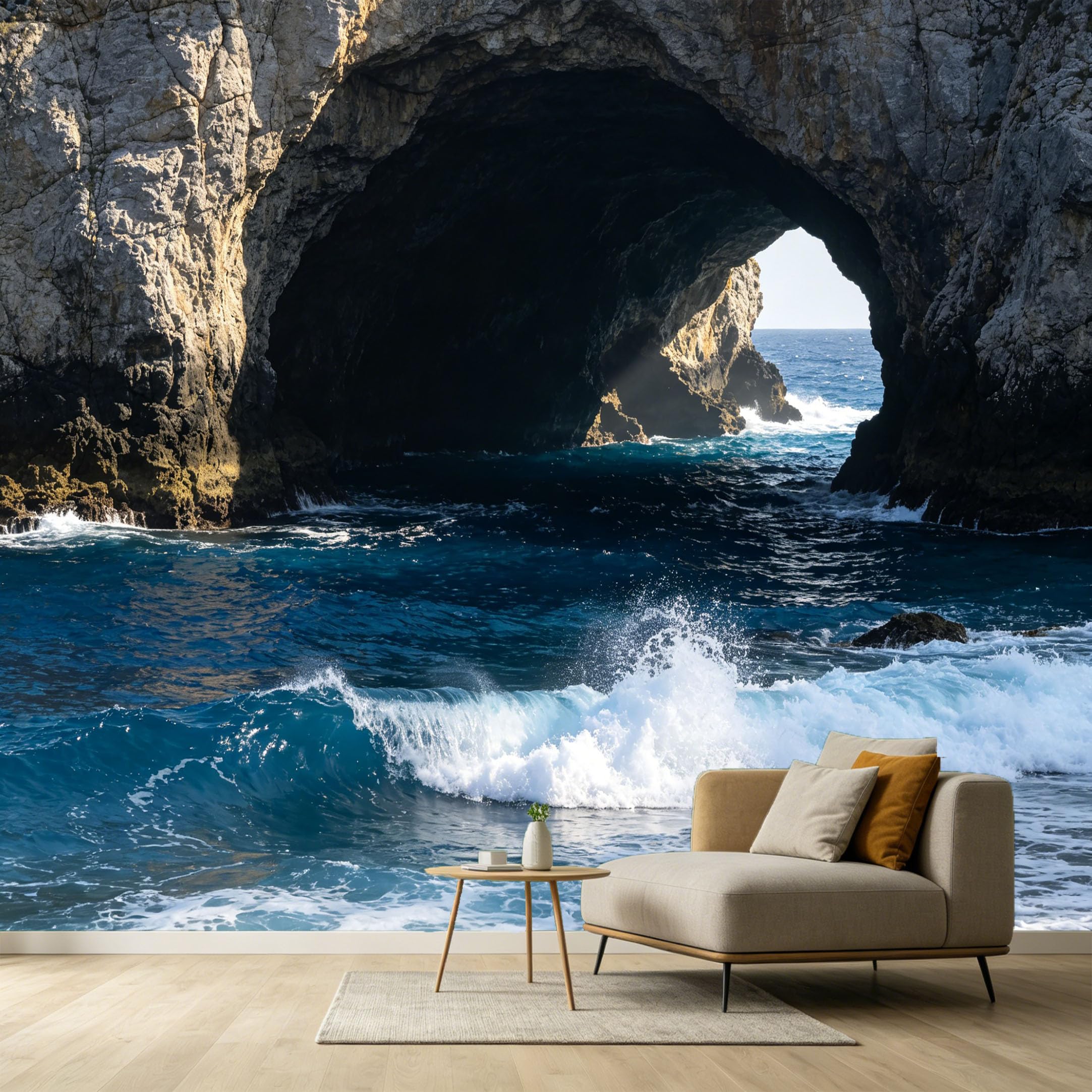 Custom Size Wall Murals Coastal Ocean Marine 3D Trompe L'Oeil Sea Cave Waves Rocks Photography SelfAdhesive Wall Fabric Removable Large Wallpaper for Photo Living Room