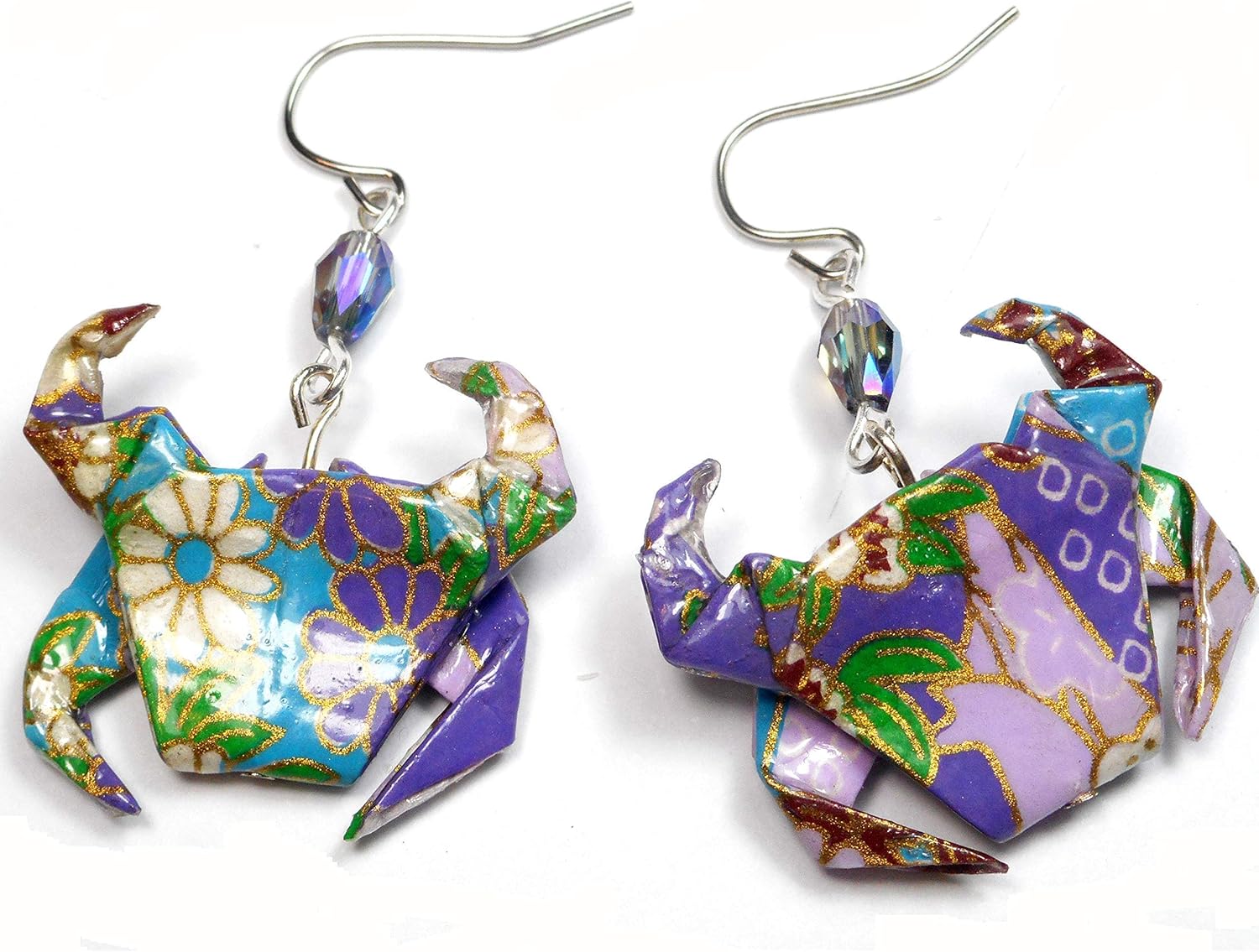 Handcrafted Origami Paper Crab Earrings,Purple Lavender Aqua Blue, Zodiac Cancer Birthday Lucky Gift