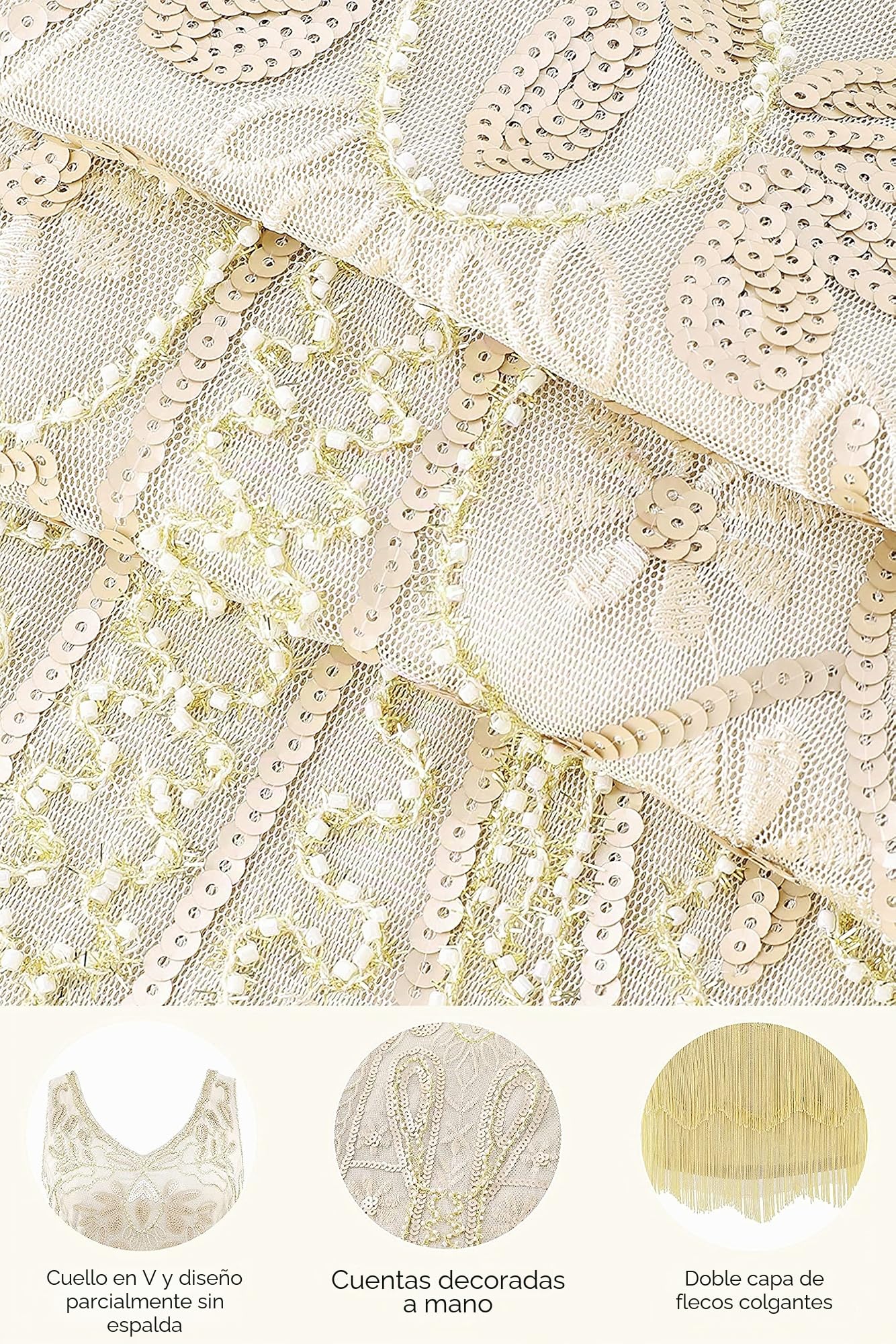 BABEYOND Años 20 Estilo Vintaje Vestido con Cuello en V Gatsby Disfraz Vestido con Flecos de Lentejuelas (Beige, M)
