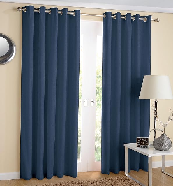 Hachette Thermal Blackout Curtains Eyelet Ring Top Including Pair of Tiebacks (Navy Blue, 46" x 54")
