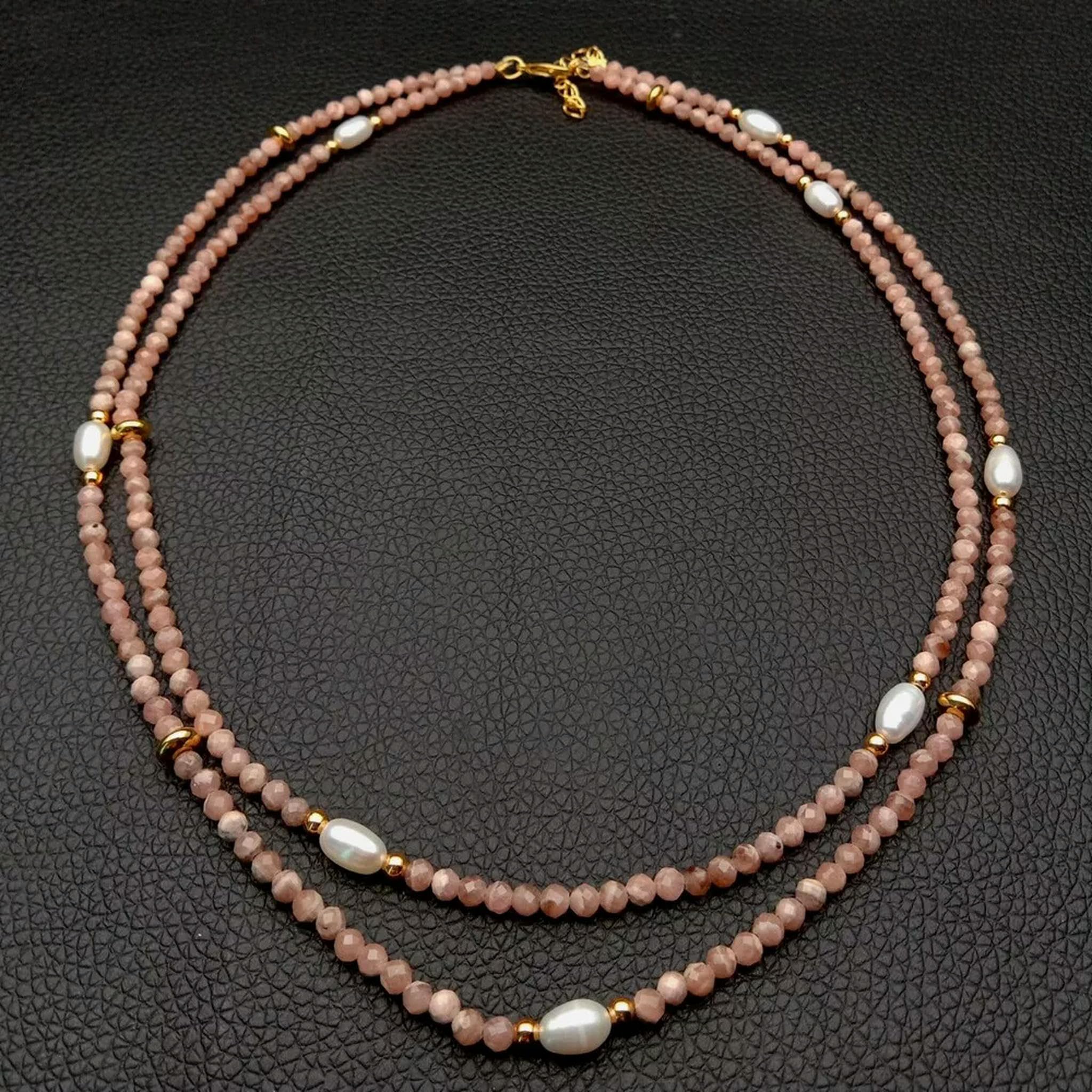 Collana di Perle di Riso Bianco coltivate con rodocrosite Rosa sfaccettata Naturale
