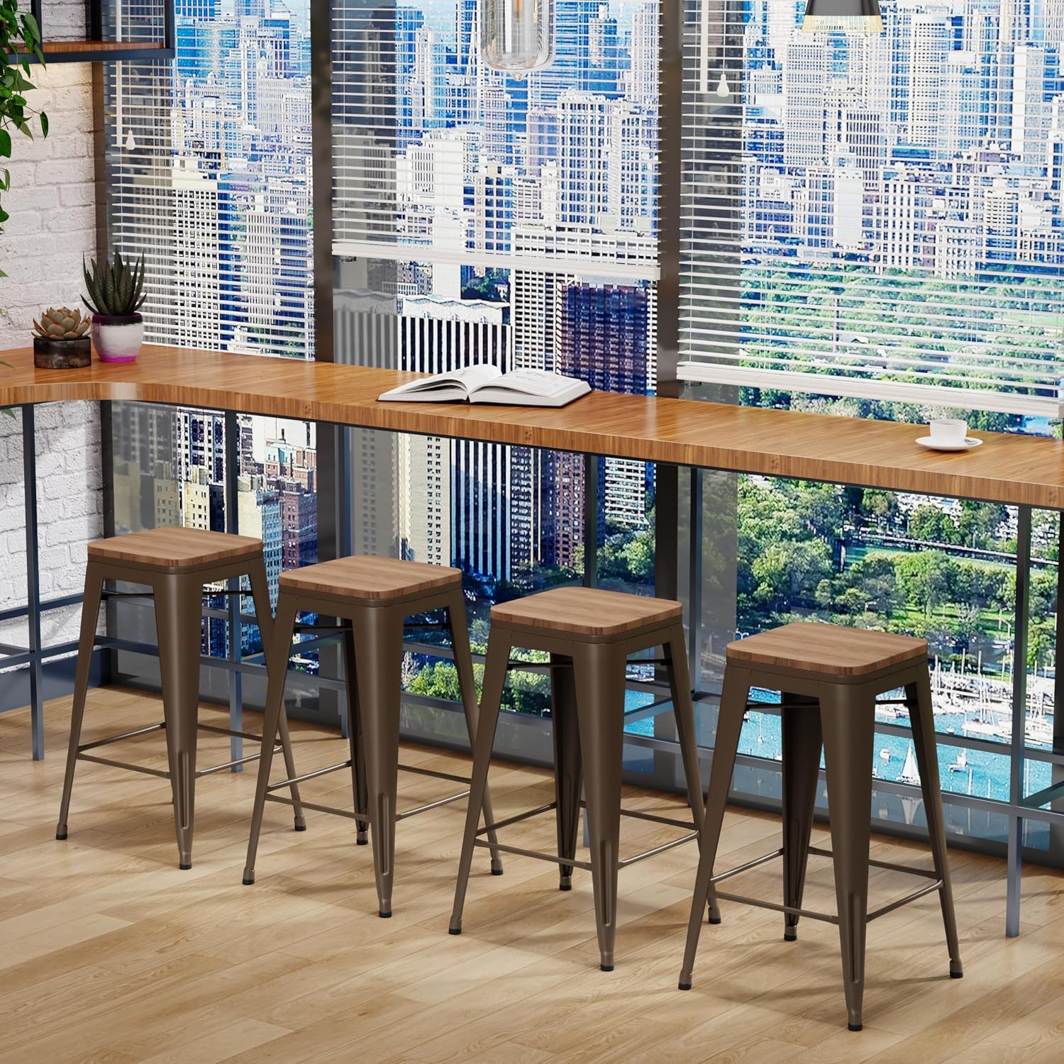 Changjie Furniture Bar Stools Industrial Counter Height Bar Stools Stackable Backless Barstools Set of 4 for Kitchen (24 inch, Bronze)