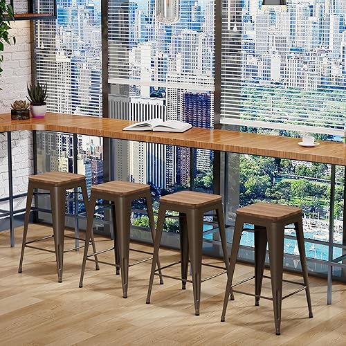 Miniatura 7 de Changjie Furniture Juego de 4 taburetes de bar con asiento de madera, taburetes de bar sin espalda, taburetes de bar industriales de altura de