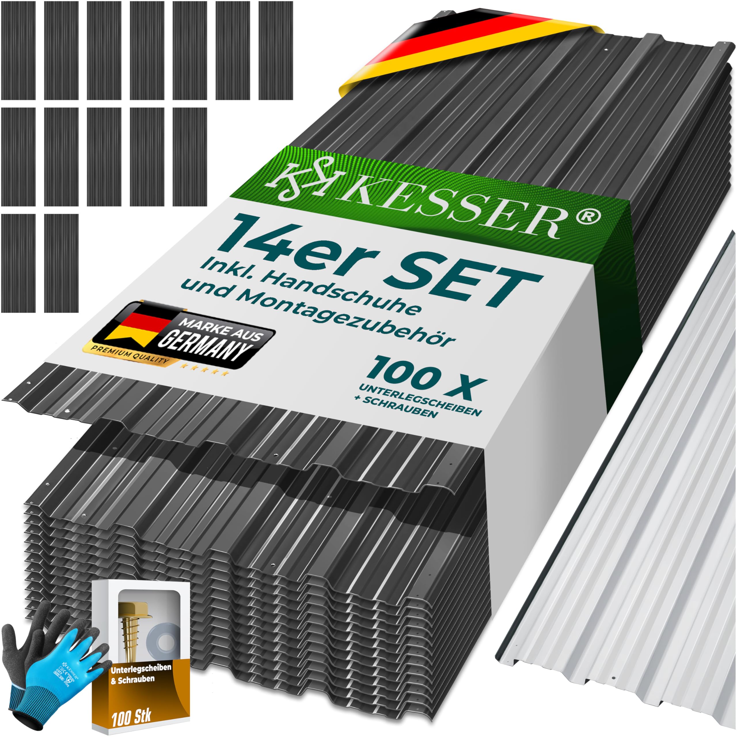 KESSER® 14 Stück Trapezblech Profilblech Set 110x46cm, 7 m² Dachblech verzinkter Stahl 0,25mm, Dachplatten für Gerätehaus, Schuppen & Dach + Schrauben, Unterlegscheiben & Montagehandschuhe, Anthrazit