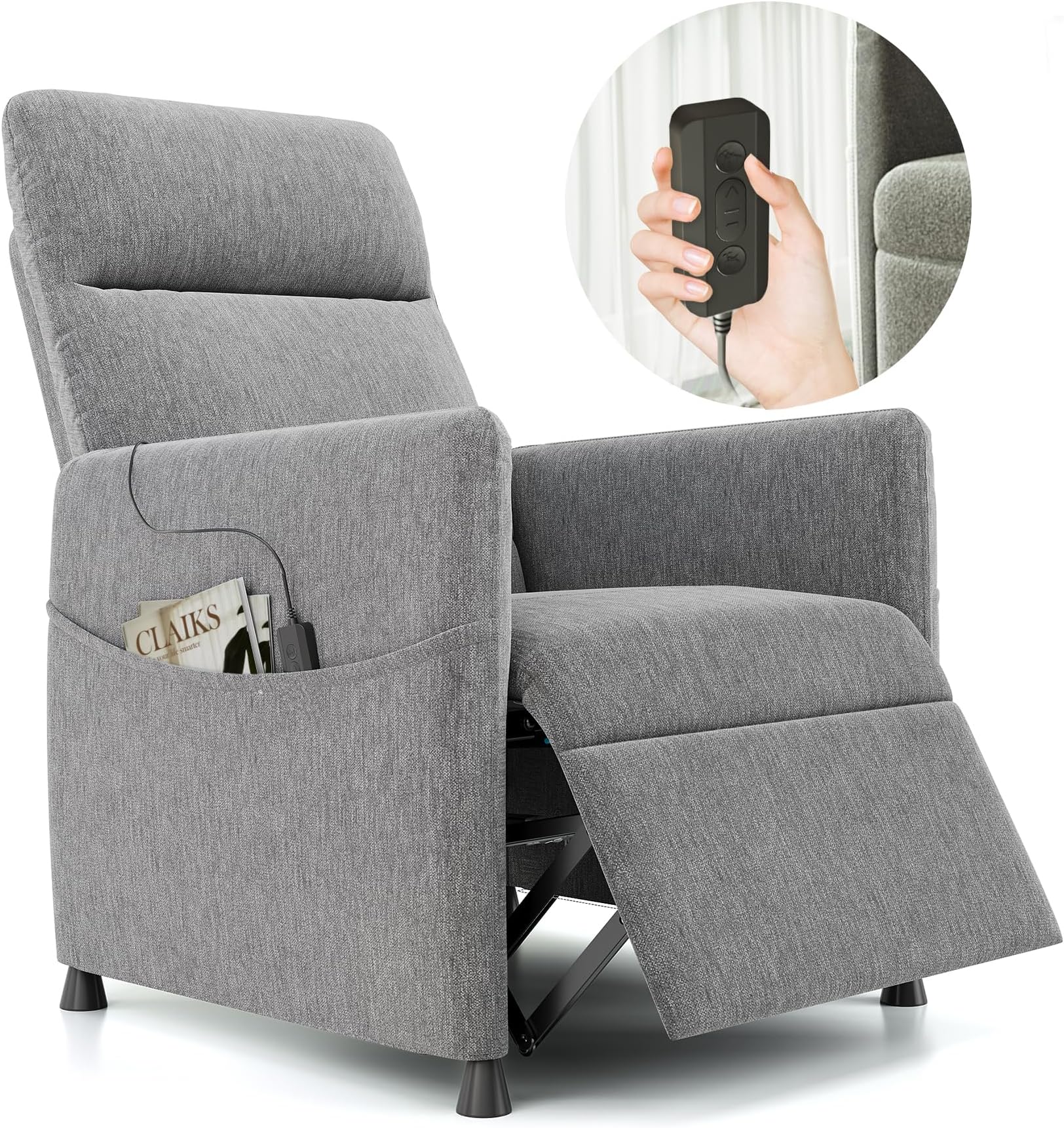 Claiks Recliner Chair, Electric Adjustable Reclining Sofa Chair for Adults Grey Linen Home Theater Seating Recliners Lounge with Padded Seat and Footrest for Living Room Bedroom Small Space