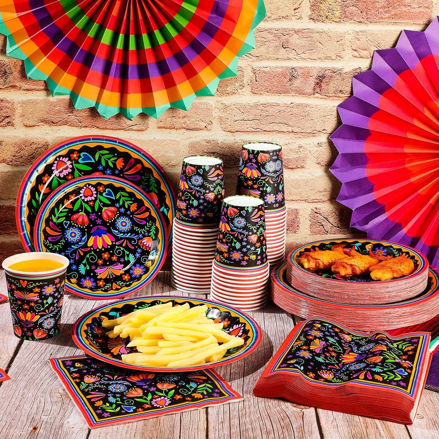 Domensi 400 Pieces Mexican Party Decoration Supplies Fiesta Tableware Set, Includes Mandala Flower Mexican Paper Plates and Napkins Cinco De Mayo Paper Cups for Taco Tuesday Birthday Party Decor
