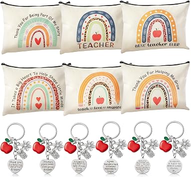 CY2SIDE 12PCS Teacher Christmas Gifts Set 6 Teacher Survival Kit Boho Rainbow Makeup Pouch Cosmetic Bag with Zipper and 6 Key Chains Appreciation Key Ring Thank You Gifts for Women