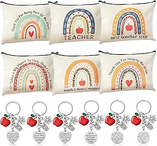 12PCS Teacher Appreciation Gifts Set 6 Teacher Survival Kit Boho Rainbow Makeup Pouch Cosmetic Bag with Zipper and 6 Random Teacher Key Chains/Key Ring Thank You Gifts for Teacher
